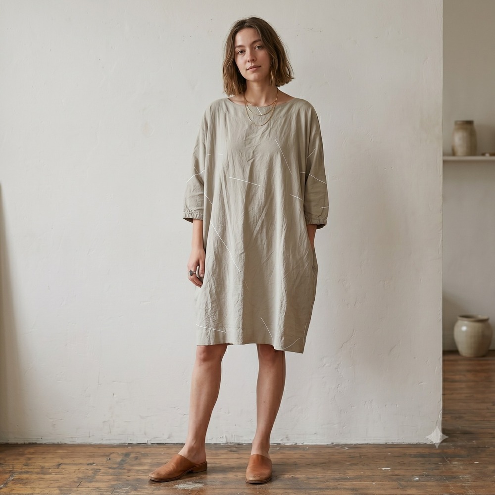 Uzi NYC Women Dress Large Taupe Abstract Linear Print Pockets‎ Cotton Lagenlook